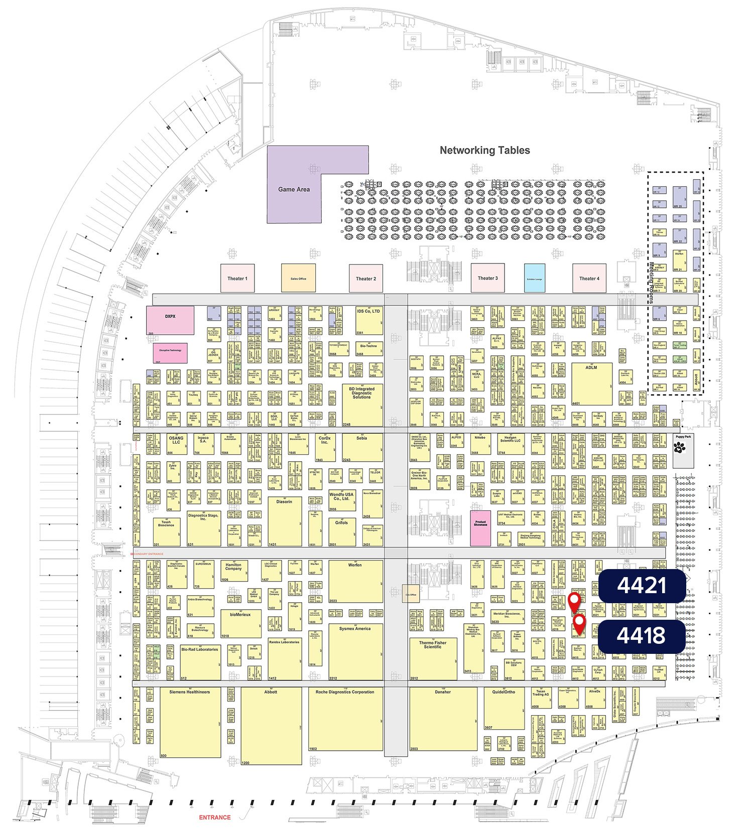 ADLM 2025 floorplan with Medix Biochemica booths 4418 and 4421